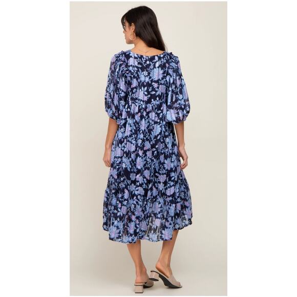 Pinkblush Navy Floral V-Neck Shimmer Midi Dress Size L - Picture 9 of 12